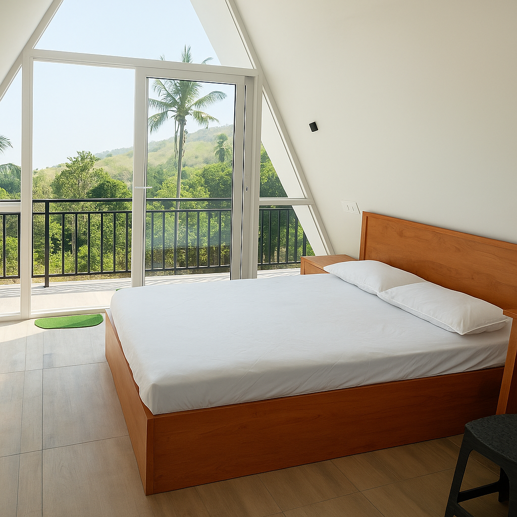 Sunset view from an A-frame cottage balcony